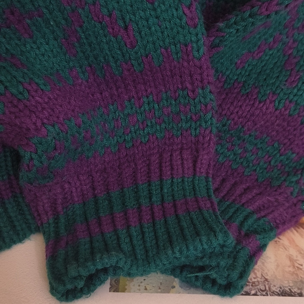 Vintage Chunky Know oversized Y2k Green and Purple Sweater Collegiate Preppy L - Picture 3 of 8
